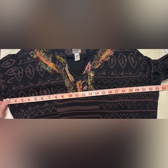 Chico’s Black Purple Brown Ethnic Long Sleeve Pullover Top Womens Size 3 Large - Picture 3 of 7